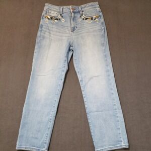 LC Lauren Conrad Slim Straight Jeans Womens 10 Light Blue Floral Embroidered